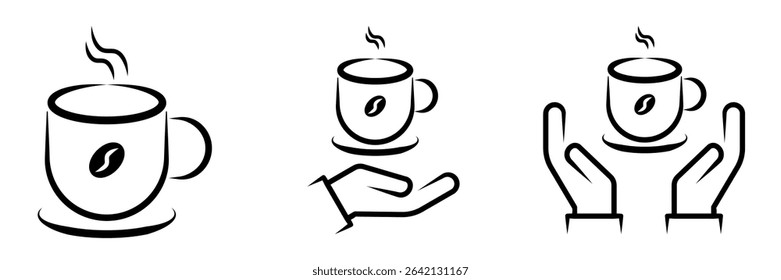 Minimalist black and white vector icons of a steaming hot coffee cup with a coffee bean emblem, with and without hands, representing coffee, breaks, and service. vector illustration.