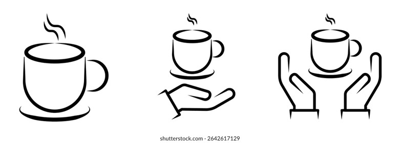 Minimalist black and white vector icons of a steaming hot coffee cup, with and without hands, representing coffee, breaks, and service.
