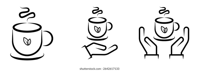 Minimalist black and white vector icons of a steaming hot tea cup, with and without hands, representing tea, relaxation, and service. vector illustration.