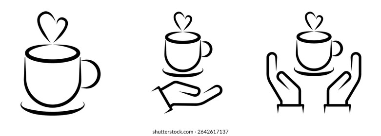 Minimalist black and white vector icons of a steaming hot coffee cup, with and without hands, representing coffee, breaks, and service. vector illustration.