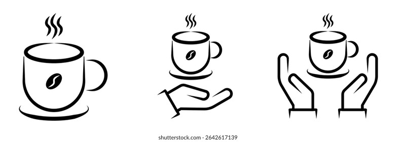 Minimalist black and white vector icons of a steaming hot coffee cup with a coffee bean emblem, with and without hands, representing coffee, breaks, and service. vector illustration.