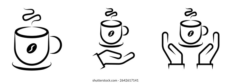 Minimalist black and white vector icons of a steaming hot coffee cup with a coffee bean emblem, with and without hands, representing coffee, breaks, and service.