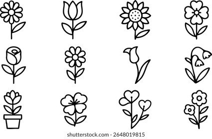 Minimalist black and white vector icons of 12 unique flower designs. Includes tulips, roses, daisies, sunflowers, and more. Ideal for spring-themed design, branding, UI, and stationery.