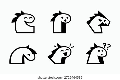 Minimalist black and white vector icons of dinosaur heads showing various emotions, including happy, angry, surprised, and confused.