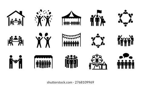 Minimalist black and white vector icons depicting various family activities, leisure, and community events. Ideal for lifestyle marketing, educational materials, business presentations, and social media graphics.