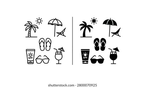 Minimalist black and white vector icons depicting beach essentials like palm trees, sun, flip-flops, sunscreen, sunglasses, umbrella, and cocktail for vacation or summer themes.