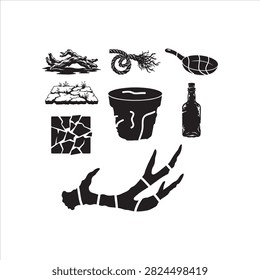 Minimalist black and white vector icons showing roots, firewood, clay pot, wok, bottle, and cracked earth for primitive cooking theme
