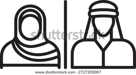 Minimalist black and white vector icons depict male and female figures wearing traditional Islamic or Middle Eastern attire.