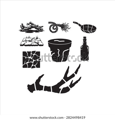 Minimalist black and white vector icons showing roots, firewood, clay pot, wok, bottle, and cracked earth for primitive cooking theme