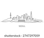 A minimalist black and white vector illustration depicting a cityscape featuring downtown Seoul, South Korea. Flat vector illustration isolated on a white background.