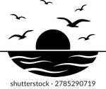Minimalist black and white vector illustration of flock of birds flying over ocean waves at sunset with large sun