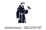 A minimalist black and white vector illustration of Saint Francis of Assisi standing and holding a small bird on his hand