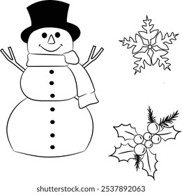 Minimalist black and white vector illustration of a snowman with a classic top hat, scarf, and carrot nose. This simple design is perfect for holiday decorations, greeting cards.