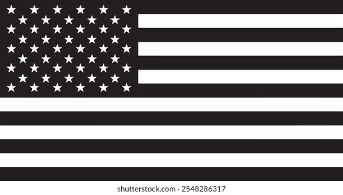 Minimalist black and white vector illustration of the American flag. Perfect for patriotic designs, t-shirts, posters, stickers, or digital projects. Clean and scalable vector design.