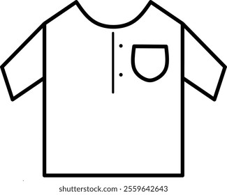 Minimalist black and white vector illustration of a trendy t-shirt design featuring short sleeves, a front pocket, and button details. Perfect for fashion mockups, logos, and apparel branding