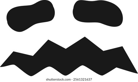 Minimalist black and white vector illustration of a worried face showing concern and fear with zig zag mouth and squinting eyes, ideal for halloween projects