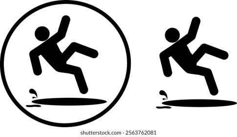 Minimalist black and white vector illustration of a caution sign indicating a slippery floor hazard