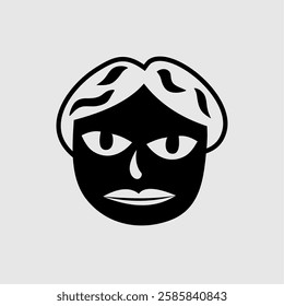 Minimalist black and white vector illustration of a stylized human face with short hair and an intense gaze. Suitable for branding, logos, avatars, posters, and digital artwork.