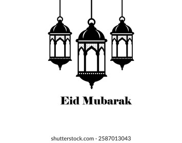 A minimalist black and white vector illustration of three hanging Arabic lanterns with intricate geometric patterns, symbolizing Eid celebrations.