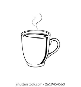 Minimalist black and white vector illustration of a steaming coffee mug, perfect for coffee shop branding, beverage packaging, café menu designs, or casual lifestyle art projects. Designed for modern 