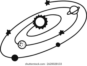 Minimalist black and white vector illustration of planets orbiting around the sun with stars, perfect for educational or space themed projects