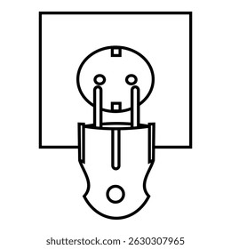 Ilustração vetorial em preto e branco minimalista de um plugue elétrico inserido em uma tomada de parede redonda, mostrando uma visão frontal clara e simples no estilo de arte em linha.