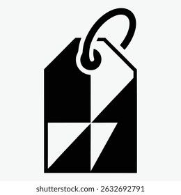 Una Ilustración vectorial minimalista en blanco y negro de una etiqueta de regalo con un bucle de cuerda, con un diseño geométrico con Formas cuadriláteras alternas en blanco y negro.