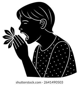 A minimalist black and white vector illustration depicts a person experiencing an allergic reaction, mid-sneeze while holding a flower.