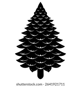 A minimalist black and white vector illustration presents a stylized Christmas tree, perfect for holiday designs.