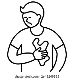 A minimalist black and white vector illustration depicts a person experiencing chest pain. This vector image features clean line art detailing a human figure clutching their chest.