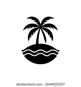 Una Ilustración vectorial minimalista en blanco y negro representa una serena escena isleña tropical. Una silueta de palmera solitaria se encuentra contra un telón de fondo de olas del océano y la costa.