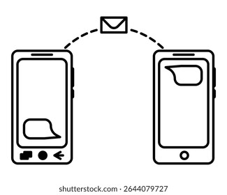 Minimalist black and white vector illustration of two phones exchanging a message, symbolizing mobile communication, text messaging, or digital conversation.