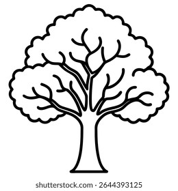 A minimalist black and white vector illustration depicts a lush tree with intricately detailed branches. This versatile outline drawing is perfect for various design applications.