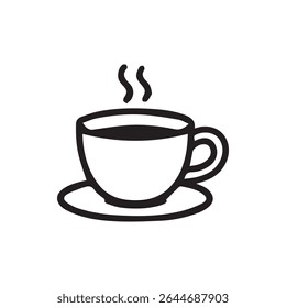 A minimalist black and white vector illustration of a hot coffee cup with steam, perfect for logos or representing caffeinated drinks.
