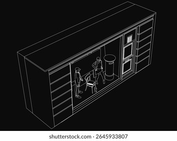 Uma ilustração vetorial em preto e branco minimalista de uma vitrine de uma loja de roupas com dois manequins, uma cadeira e uma lixeira em primeiro plano. A arte de linha limpa apresenta um fundo escuro para.