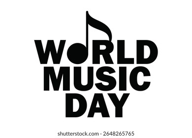 A minimalist black and white vector illustration of a logotype featuring the text "World Music Day" arranged in a clean, modern sans-serif font.