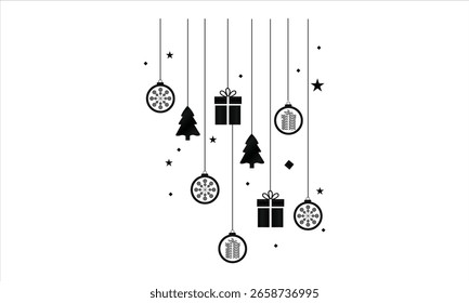 A minimalist black and white vector illustration of hanging Christmas decorations including gift boxes trees stars and ornaments  Perfect for holiday themed cards seasonal invitations posters 