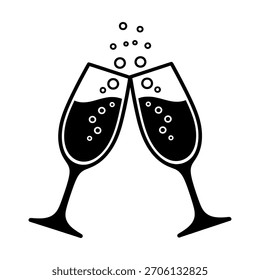 Una Ilustración vectorial minimalista en blanco y negro que representa dos flautas de champán tintineando juntas, con burbujas efervescentes saliendo del líquido, simbolizando la celebración y un brindis.