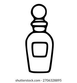 Ilustración vectorial minimalista en blanco y negro de una botella de perfume decorativa con un tapón redondo y una etiqueta rectangular central.