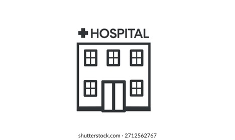 Minimalistische schwarz-weiße Vektorgrafik eines Krankenhausgebäudes. Ideal für Gesundheitswesen, Notfalldienste, Kliniken, Apotheken und medizinische Projekte. Sauber und professionell