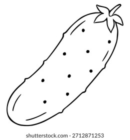 Minimalist black and white vector illustration of a single cucumber with seed dots and a star-shaped stem.