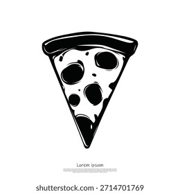 Una Ilustración vectorial minimalista en blanco y negro que representa una rebanada clásica de pizza, perfecta para menús, aplicaciones o diseños relacionados con la comida.