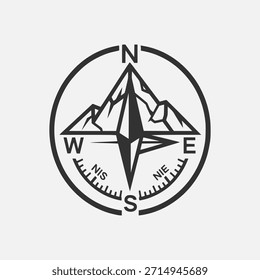 Eine minimalistische schwarz-weiße Vektorgrafik einer Kompassrose mit stilisierten Bergen im Zentrum, die Abenteuer, Erkundung und Navigation in der Natur symbolisiert.