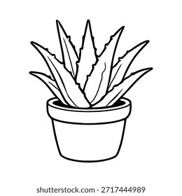 Ilustración vectorial minimalista en blanco y negro de una planta de aloe vera en maceta, mostrando sus hojas puntiagudas y una simple maceta de cerámica sobre un fondo blanco limpio.