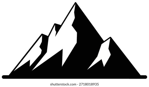 Una Ilustración vectorial minimalista en blanco y negro que representa una escarpada cordillera con picos afilados y sombras contrastantes, que evoca una sensación de aventura y grandeza natural.
