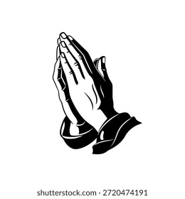 Um vetor minimalista preto e branco ilustração de duas mãos unidas em oração, simbolizando fé, esperança e espiritualidade.