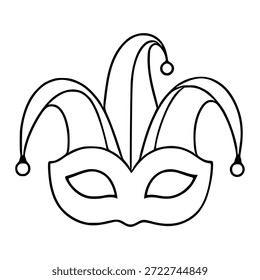 Ilustração vetorial em preto e branco minimalista de uma máscara jester com um chapéu tradicional de três pontas, perfeito para temas festivos ou de máscaras.