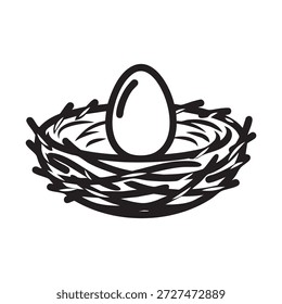 Um vetor preto e branco minimalista ilustração de um ninho de pássaro contendo um único ovo, adequado para várias aplicações de design.