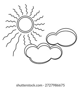 Vetor preto e branco minimalista ilustração de um sol com raios como raios irregulares e nuvens fofas estilizadas.