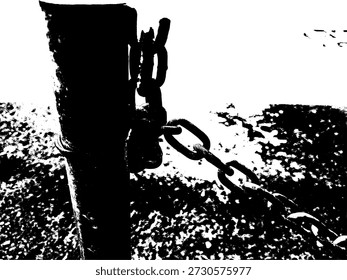 Ilustração vetorial em preto e branco minimalista de uma corrente de ferro presa a um poste. Silhueta de alto contraste brilhante para design gráfico conceitual.